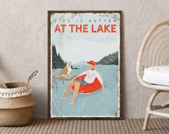 vintage AT THE LAKE sign, personalized tubing poster with english bulldog on a dock, life is better at the lake, farmhouse home decor {vpl}