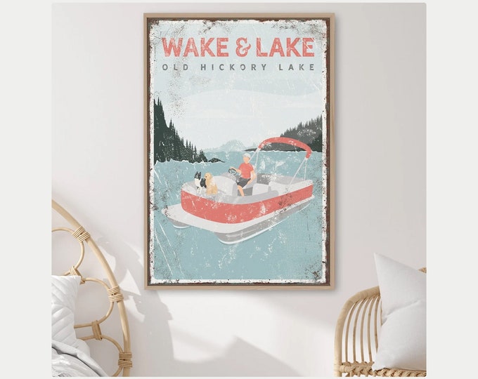 coral personalized PONTOON boat sign • WAKE & LAKE Old Hickory Lake print with dogs, dachshund, french bulldog • lake house decor gift {vpl}