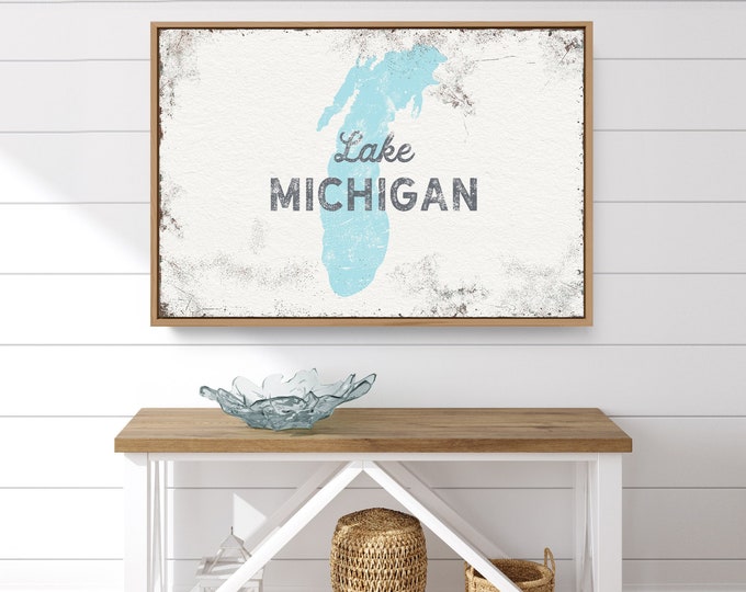 vintage LAKE MICHIGAN sign > sky blue lake wall art for boho lake house decor, personalized nautical canvas print {lsw}