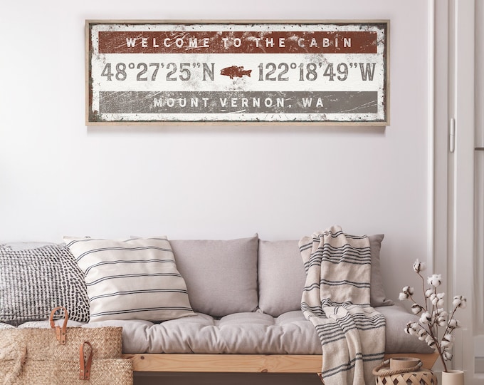 welcome to the cabin COORDINATES sign, vintage art print, country house gift, fish icon, personalized longitude latitude GPS wall art {giw}