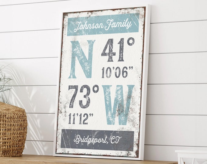 latitude and longitude print > tide blue & slate gray GPS COORDINATES + last name sign, modern beach lake or farmhouse decor {grw}