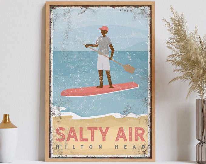 vintage PADDLEBOARD POSTER, retro paddleboard art for beach house decor, personalized paddle-boarding canvas, Hilton Head SC sign {vpb}