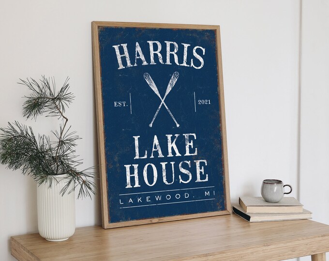 Vintage Lake House Prints, Can Be Personalized with Name and Year Established, Lakewood Michigan and Paddle Icon Shown, Nautical Wall Decor