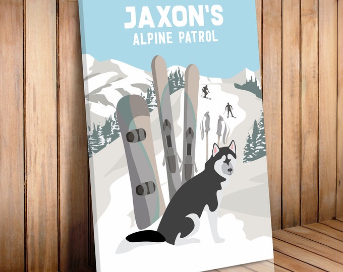 personalized vintage SKI POSTER, retro dog ski patrol poster with Husky, choose from many dogs, vintage ski print, unique dog lovers gift