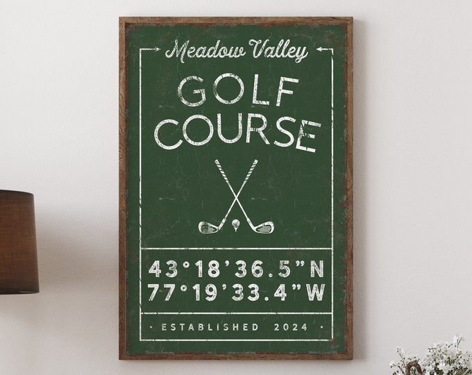 custom GOLF COURSE sign with coordinates, personalized golf gift for him, add your favorite golf course, in vine green and white