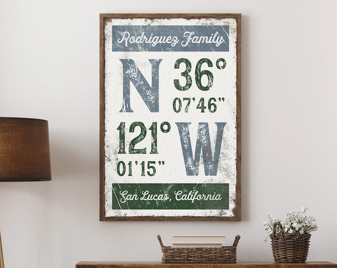 blue & green latitude longitude sign > custom COORDINATES art print, personalized family name sign for rustic farmhouse decor {grw}