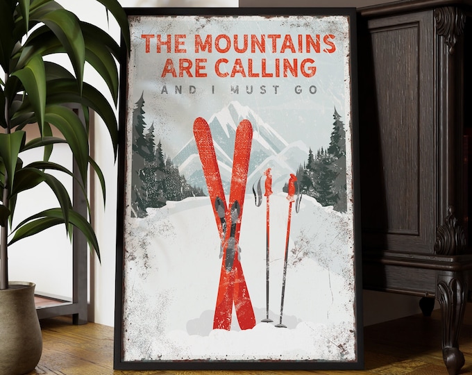 The MOUNTAINS ARE CALLING Poster with Red Skis, Ski Cabin Wall Art, Text Can be Personalized, Ski Gift for Dad, Red Ski Decor {vpw}