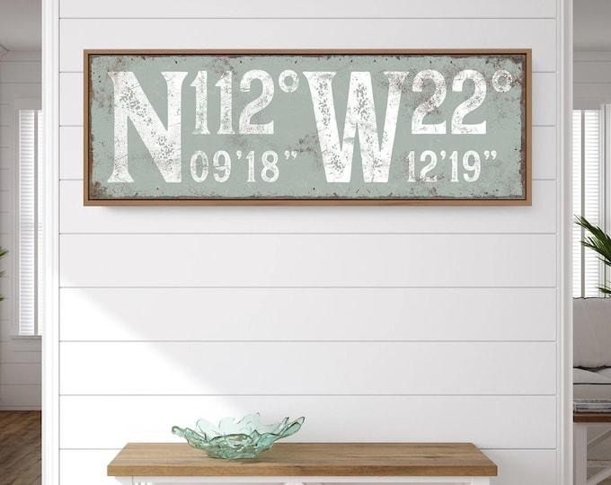 Custom GPS Coordinates Sign for Porch or Lanai, Sage Green Vintage Typography Wall Art Print, Large Canvas for Modern Farmhouse {gsb}