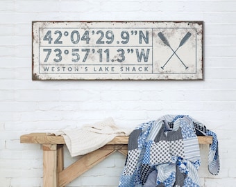 vintage COORDINATES sign with paddles > personalized lake house decor wall art, distressed blue print canvas with custom GPS location {sgw}