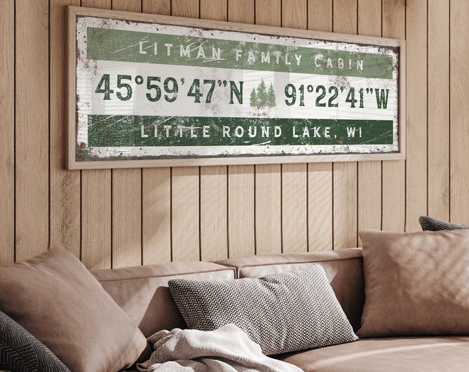 winter cabin COORDINATES sign, vintage art print, country house gift, pinetrees icon, personalized longitude latitude GPS wall art {giw}