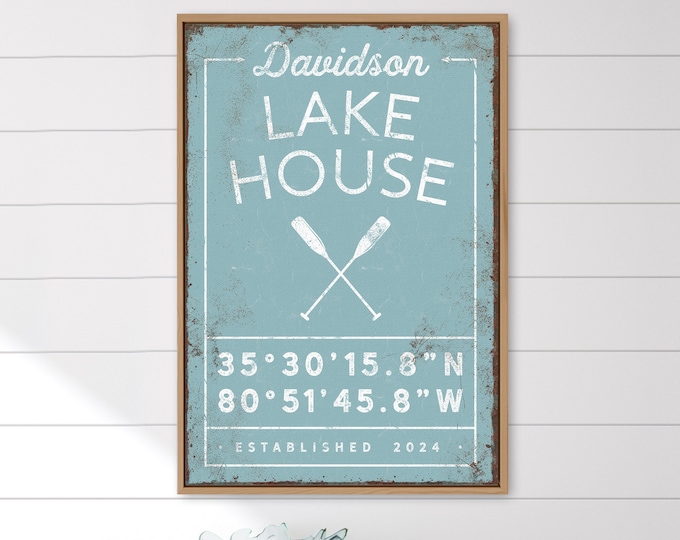 vintage LAKE HOUSE sign with oars icon, personalized last name canvas with custom coordinates, lakehouse decor, tide blue farmhouse wall art