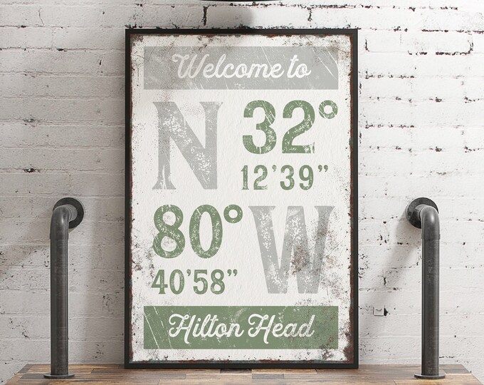 Coastal Latitude and Longitude Wall Art Canvas, Custom Vintage Beach House Decor, Extra Large Framed Gray & Green GPS COORDINATES {grw}