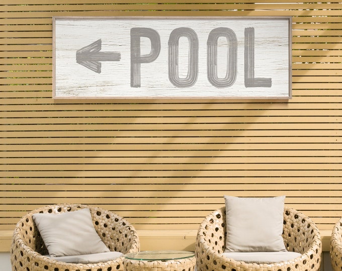 Long Skinny Pool with Arrow Signs, Pool Patio Wall Art on Faux Weathered Wood Canvas, Pool Gift for Her, Elephant Gray on White {PWO}