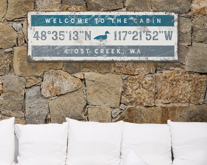 welcome to the cabin COORDINATES sign, vintage art print, country house gift, duck icon, personalized longitude latitude GPS wall art {giw}