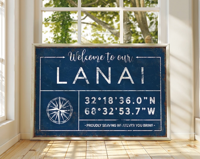 personalized LANAI sign, personalized last name canvas, lanai signs for outdoor, custom coordinates, compass rose icon, navy blue art {gdb}