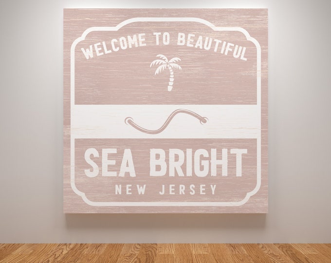 Retro BEACH BADGE Signs, Can be Customized, Sea Bright New Jersey Shown in Shell Pink, Jersey Shore Beach Wall Art, Gift for Beach Mom