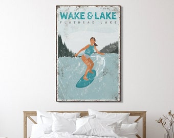 vintage WAKE & LAKE sign for above bed > wake surfing gift for her, custom wakesurf poster, personalized Flathead Lake house decor {vpl}