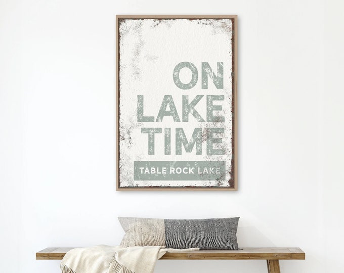 sage green "ON LAKE TIME" sign > vintage Table Rock Lake wall art for lake house decor, xl framed canvas, green lake house sign {brw}