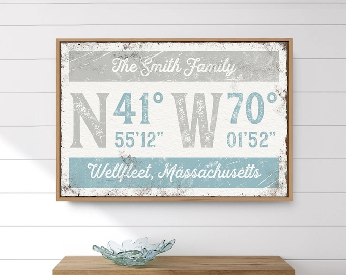 light blue and gray latitude sign > vintage personalized longitude art print, distressed GPS coordinates for delicate neutral decor {grw}