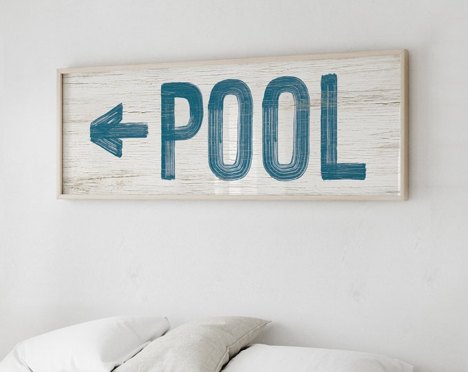 Pool Left Arrow Sign, London Blue on White, Pool Patio Wall Art, Faux Weathered Wood Canvas Print, Fun Pool Housewarming Gift {PWO}