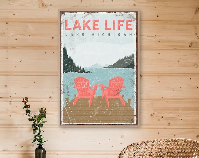 vintage LAKE LIFE sign with Adirondack Chairs, personalized Lake Michigan poster, lake dock with chairs sign, custom lake house wall art vpl