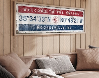 Nautical COORDINATES sign, vintage art print, family name canvas, compass rose icon, personalized longitude latitude GPS wall art {giw}