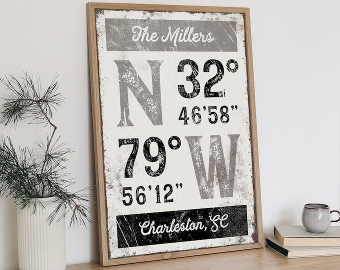 vintage latitude & longitude wall art, elephant and black GPS COORDINATES sign for lake house or beachhouse decor, modern FARMHOUSE {grw}