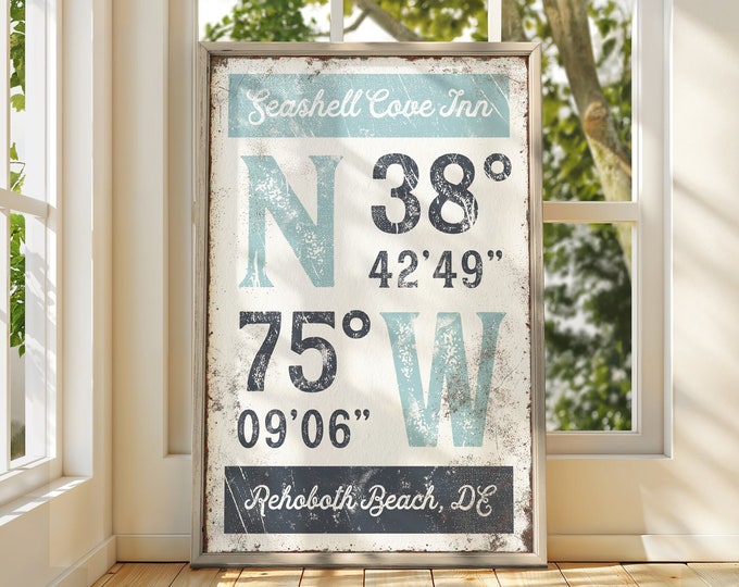 Vintage Latitude and Longitude Wall Art Canvas, Coastal Aesthetic for Lake House Decor, Custom GPS COORDINATES, Blue & Hale Navy Art {grw}