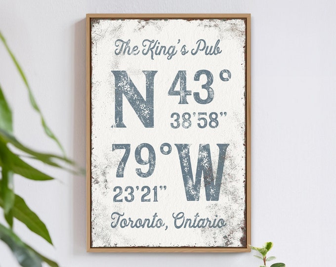nautical COORDINATES sign > personalized last name canvas, dusty blue wall art for modern farmhouse decor, custom GPS print {gpw}