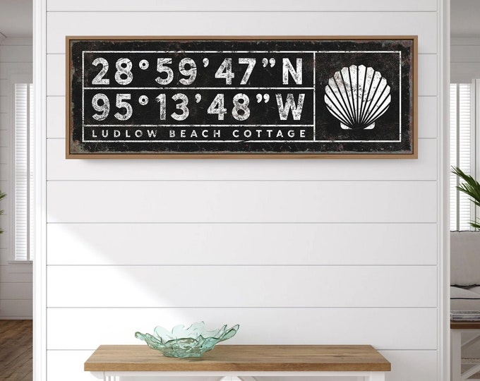 large BEACH HOUSE sign with shell > vintage coordinates sign for beach house decor, personalized coastal art with latitude & longitude {sgb}