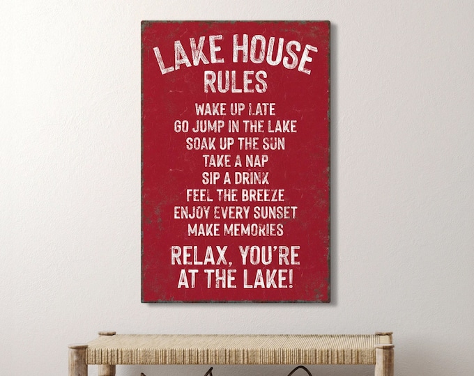 vintage "lake house rules" sign > dark red sign art print, custom lakehouse decor, distressed lake house gift, vacation rental decor