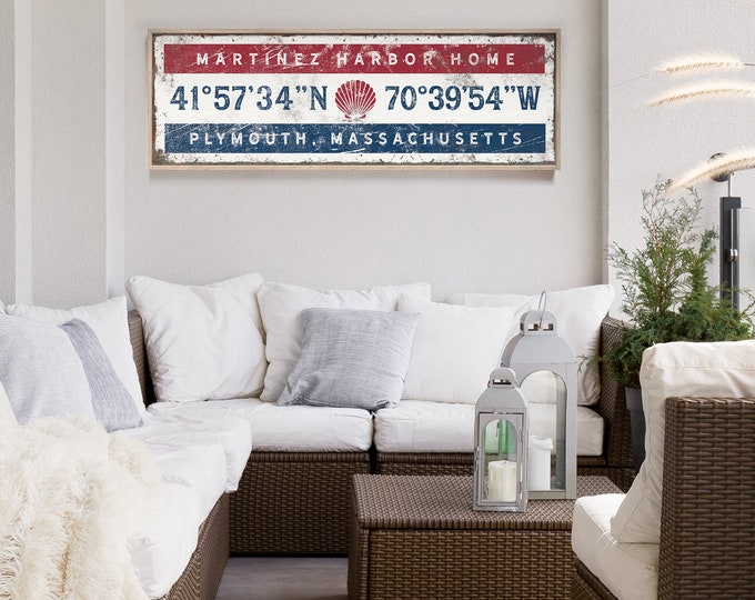 Vintage Nautical Wall Art with Custom Latitude and Longitude and Seashell, Personalized COORDINATES Canvas Sign for Coastal Decor {giw}