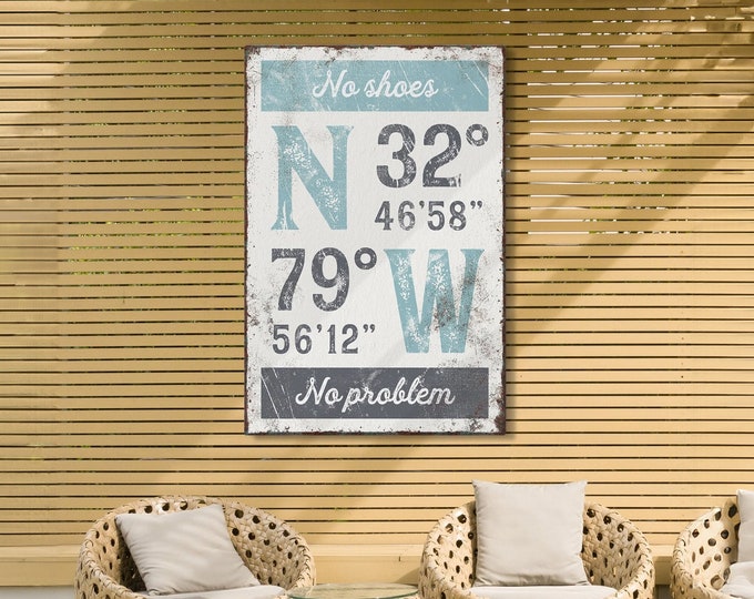 GPS COORDINATES sign in tide and slate, custom text 'No Shoes No Problem', vintage latitude & longitude sign for beach house decor {grw}