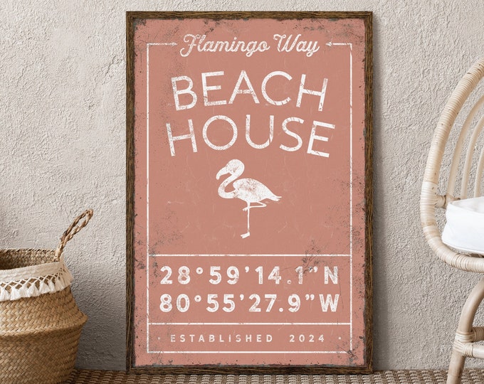 vintage BEACH HOUSE sign with flamingo, can be personalized, last name canvas with custom coordinates, fun pink beach house decor