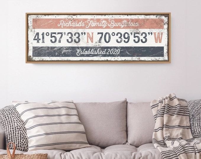 custom COORDINATES canvas > vintage beach house wall decor gift, coral bungalow art, personalized longitude latitude GPS art print {grw}