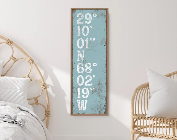 custom Tide Blue and White Coordinates Sign, Tall & Narrow Framed Canvas Art Print, Typography Wall Art for Modern Farmhouse Decor {tgb}