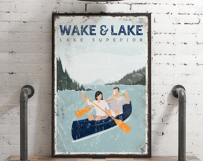 navy personalized CANOE couple, WAKE & LAKE sign, vintage lake Superior poster, art for lake house decor, canvas or aluminum prints {vpl}