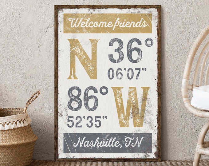 Custom Latitude and Longitude Wall Art Canvas, Vintage Coastal Aesthetic Beach House Decor, Butternut Yellow & Slate GPS COORDINATES {grw}