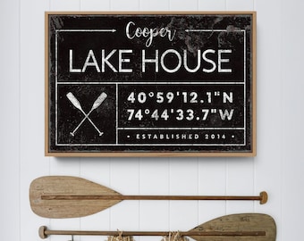 personalized lake house sign, rustic last name canvas for lakehouse, custom GPS location coordinates, black boho farmhouse wall art {GDB}