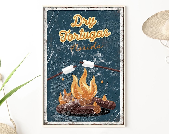 Retro campfire poster > Vintage camping sign with personalized location, distressed canvas for above couch, anniversary gift for wife {vps}