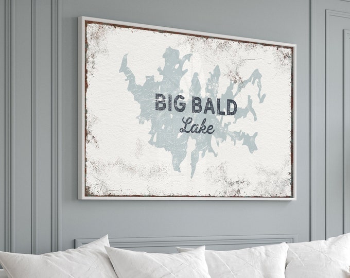 Vintage BIG BALD Lake Wall Art Print, Blue Gray Canvas Art for Lake House Decor or Modern Farmhouse, Features Your Own Custom Lake {lsw}