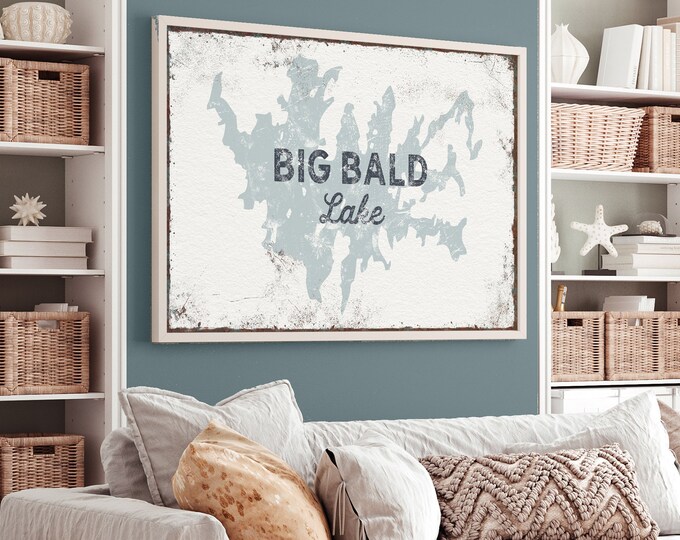 Vintage BIG BALD Lake Wall Art Print, Blue Gray Canvas Art for Lake House Decor or Modern Farmhouse, Features Your Own Custom Lake {lsw}