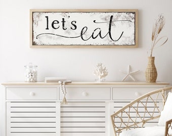 black Let's Eat sign for farmhouse kitchen or boho dining room> vintage food sign on distressed white backround, bohemian home decor {s}