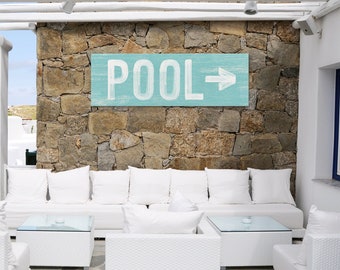 Large POOL sign with arrow, vintage pool directional art, aqua blue pool print for above couch, pool sign for lanai or outdoor patio {pwo}