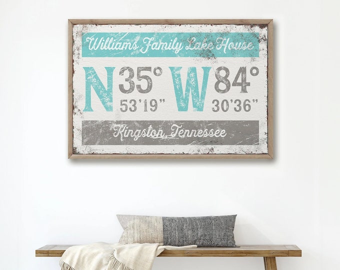 lake house COORDINATES print > aqua blue and gray family name sign, custom longitude latitude GPS canvas art, farmhouse decor {grw}