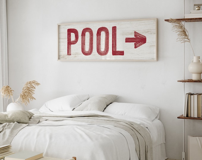 Vintage Pool Arrow Sign, Dark Red on White Pool Patio Wall Art, Left or Right Arrow, Faux Weathered Wood Canvas, Pool Gift for Her {PWO}
