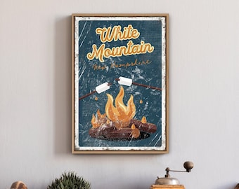 Vintage camping sign > Retro campfire poster with your mountain name, distressed sign for above bed, outdoorsy gift for boyfriend {vps}