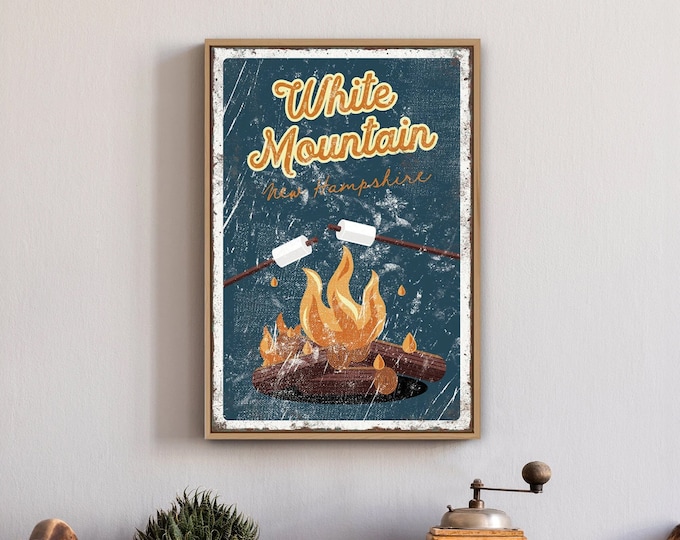 Vintage camping sign > Retro campfire poster with your mountain name, distressed sign for above bed, outdoorsy gift for boyfriend {vps}