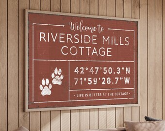 custom COORDINATES sign, personalized last name canvas, grid sign with paw prints icon, life is better at the cabin, country cabin decor gdb