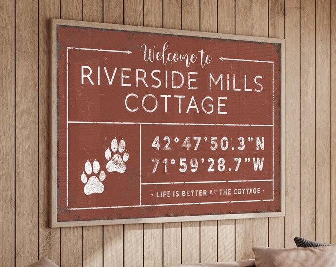 custom COORDINATES sign, personalized last name canvas, grid sign with paw prints icon, life is better at the cabin, country cabin decor gdb